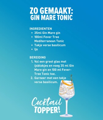 recept ginmare tonic! zo gemaakt! INGREDIENTEN 35ml Gin Mare gin 100ml Fever Tree Mediterranean Tonic Takje verse basilicum Ijs  BEREIDING Vul een groot glas met ijsblokjes en voeg 35 ml Gin Mare gin en 100 ml Fever-Tree Tonic toe. Garneer met een takje verse basilicum.